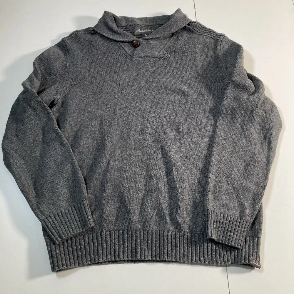 Eddie‎ Bauer Henley Sweater Medium Gray Knit Fisherman Y2K 90s Style